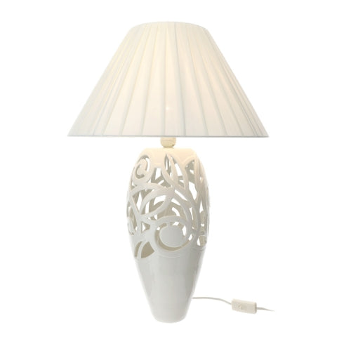 Hervit Lampada Tavolo Jolie Porcellana Traforata Bianca Cappello Avorio Plissettato - 65cm