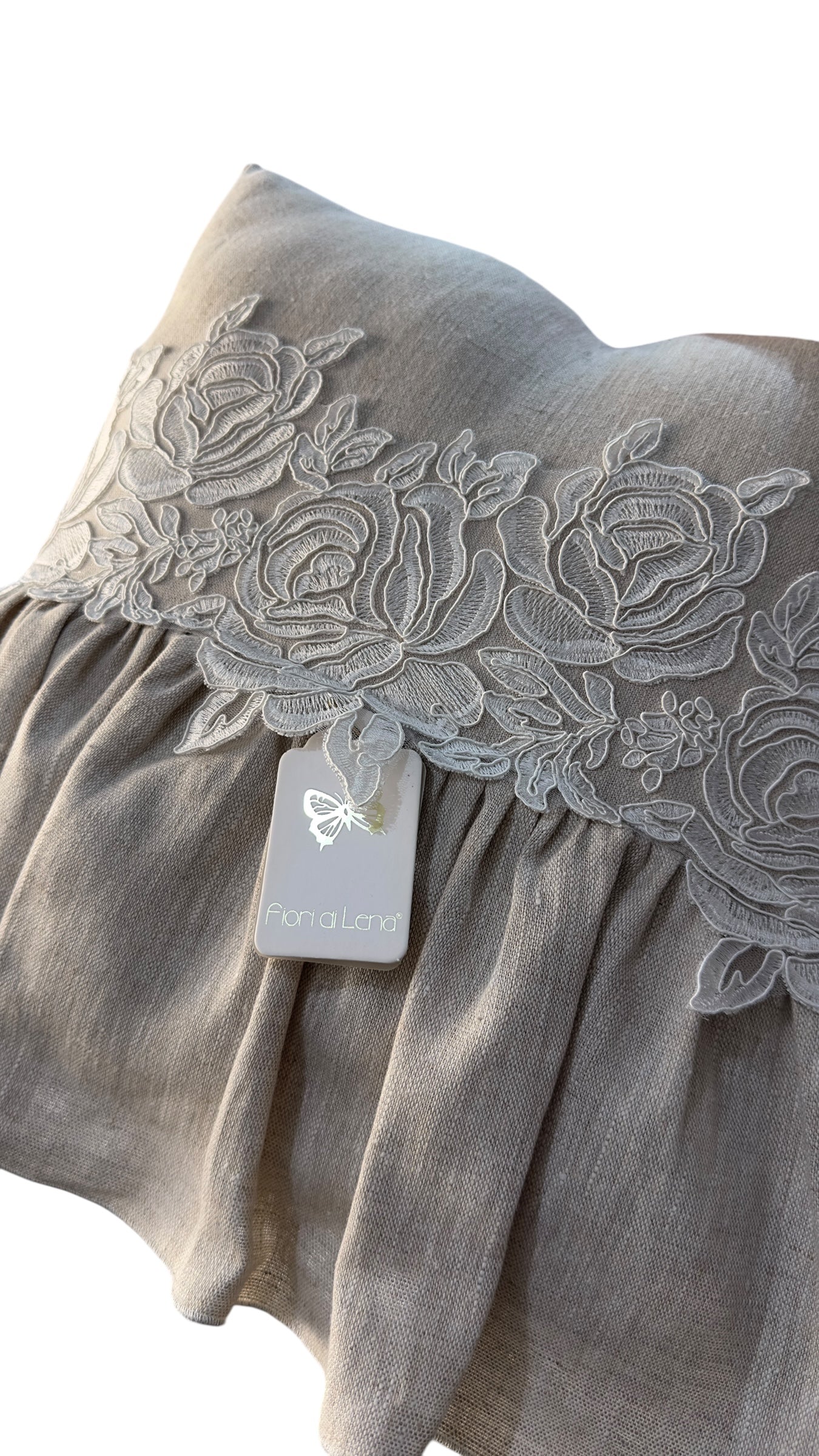 Cuscino lino e pizzo beige 40x40 - Fiori di Lena