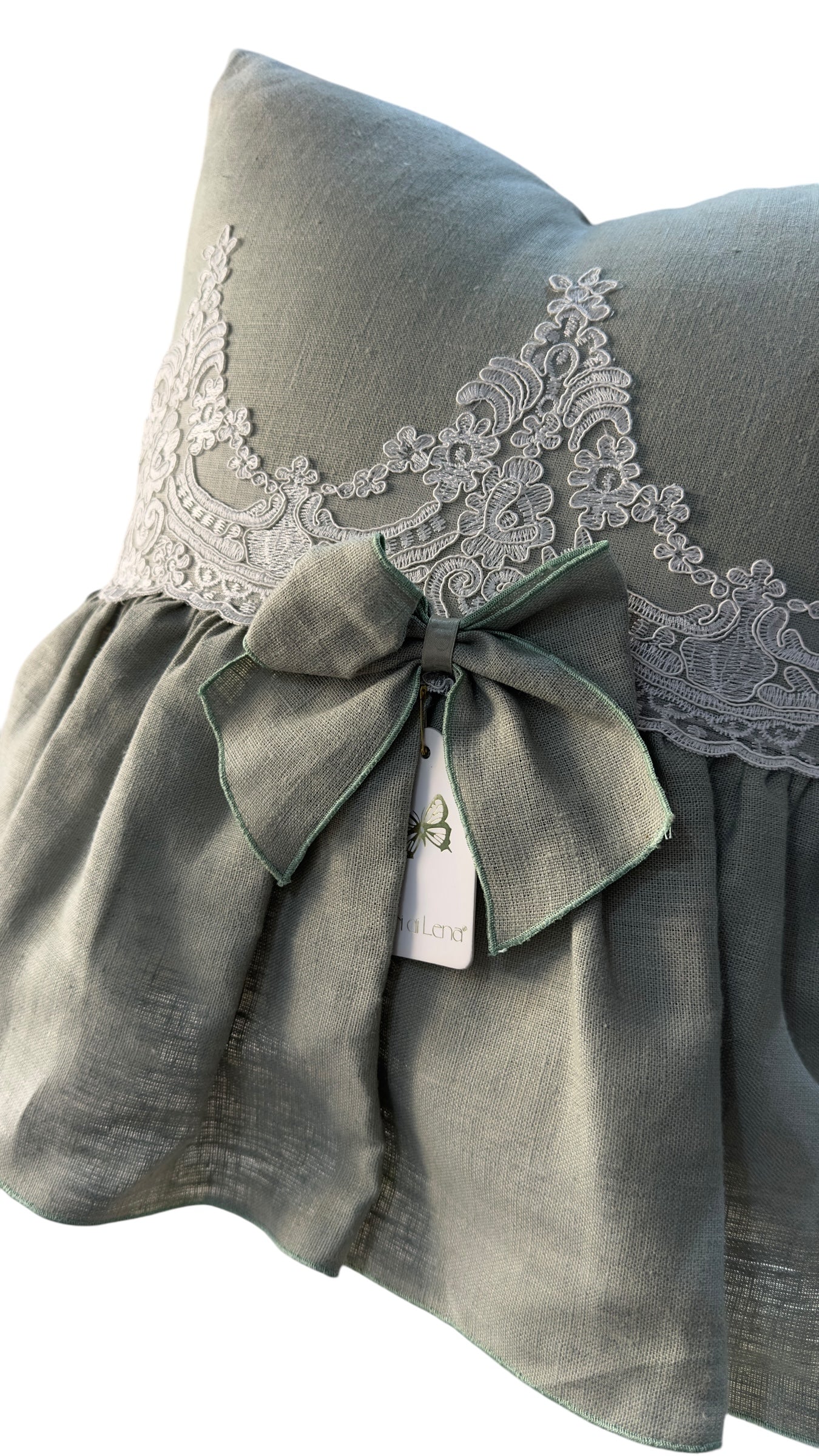 Cuscino lino e pizzo verde 45x45 - Fiori di Lena