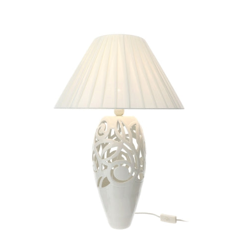 Hervit Lampada Tavolo Jolie Porcellana Traforata Bianca Cappello Avorio Plissettato - 45cm