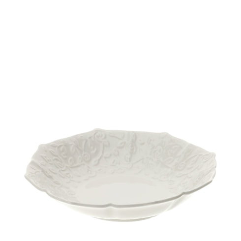 CIOTOLA OTTAGONALE PORC.ROMANCE DIA.18CM BIANCA RILIEVO ROSELLINE SCATOLA REGALO