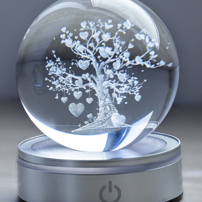 SFERA CRYSTAL PLANET LIFE TREE DIA.10CM BASE LED ARGENTO C/CAVO USB E BATTERIA SCAT.REG.