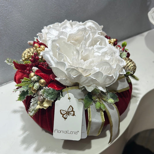 Pouf Profumato Natalizio in Velluto Rosso con Peonie  - Fiori di Lena