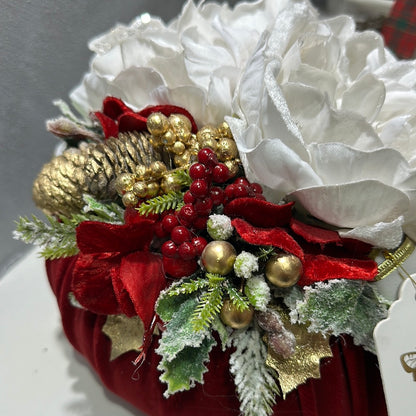 Pouf Profumato Natalizio in Velluto Rosso con Peonie  - Fiori di Lena
