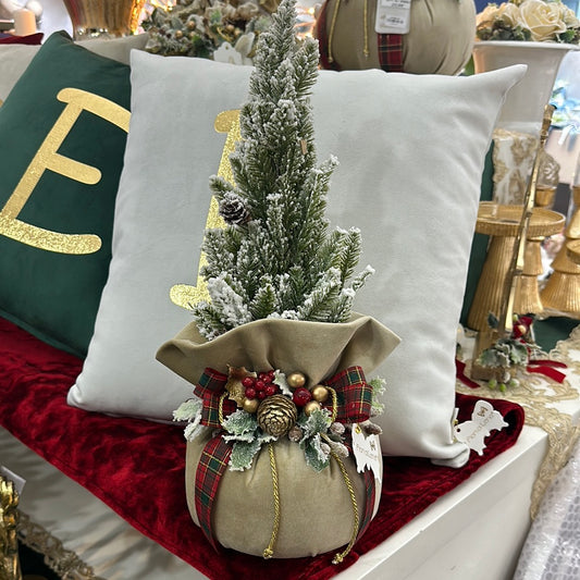 Pouf Profumato Natalizio in Velluto Beige con Alberello Innevato - Fiori di Lena