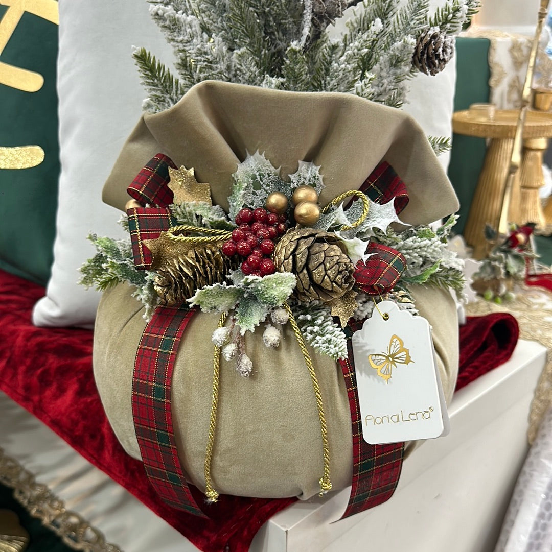 Pouf Profumato Natalizio grande in Velluto Beige con Alberello Innevato - Fiori di Lena