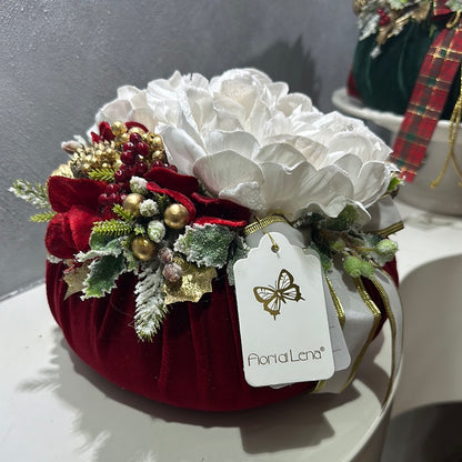 Pouf Profumato Natalizio in Velluto Rosso con Peonie  - Fiori di Lena