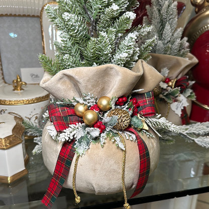 Pouf Profumato Natalizio medio in Velluto Beige con Alberello Innevato - Fiori di Lena
