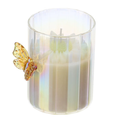 CANDELA DAISY DIA.7XH9CM PROF.J'ADORE 180G IN CONT.VETRO TRASP.C/FARFALLA AMBRA S.REG.