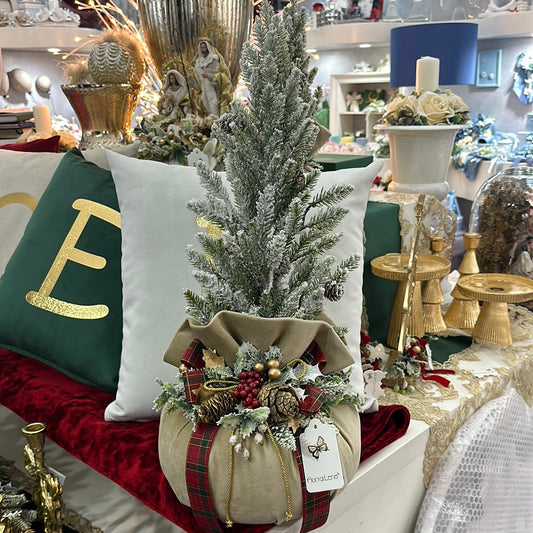Pouf Profumato Natalizio grande in Velluto Beige con Alberello Innevato - Fiori di Lena