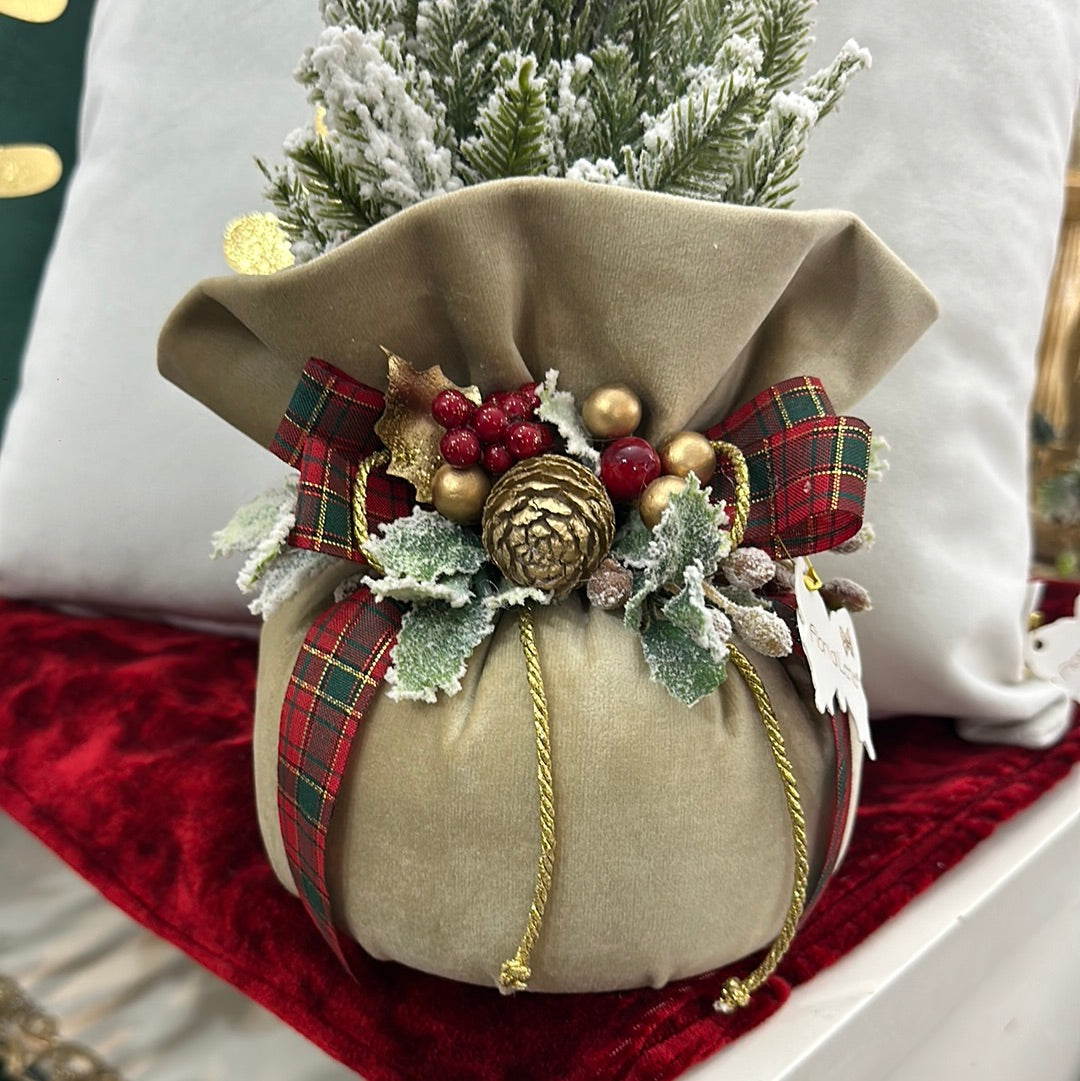 Pouf Profumato Natalizio in Velluto Beige con Alberello Innevato - Fiori di Lena