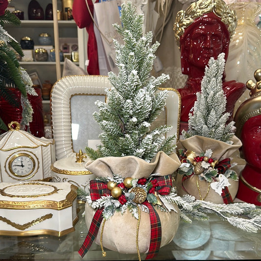 Pouf Profumato Natalizio medio in Velluto Beige con Alberello Innevato - Fiori di Lena