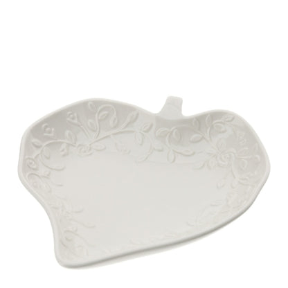 CIOTOLA FOGLIA CUORE PORC.ROMANCE 16CM BIANCA RILIEVO ROSELLINE SCATOLA REGALO