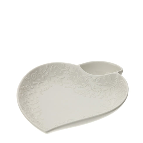 PIATTO CUORE SNACK PORC.ROMANCE 20CM C/FOGLIOLINA BIANCO RILIEVO ROSELLINE SCAT.REGALO