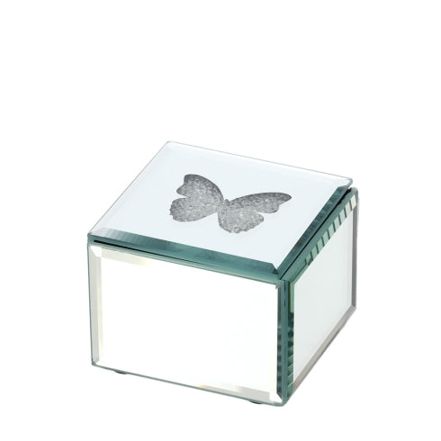 COFANETTO LEGNO/SPECCHIO 7X7XH5CM INTAGLIO FARFALLA C/CRISTALLI INT.VELL.NERO S.REG.