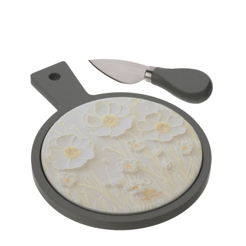 TAGLIERE LEGNO/CERAMICA 20X15CM TORTORA DEC.CANVAS BEIGE, COLTELLO FORMAGGIO SCAT.REG.