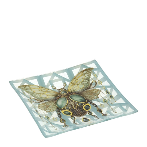 PIATTO VETRO SCARABEO ANIMALGEM 20X20CM BLU C/DETTAGLI IN ORO LAMINA SCATOLA REGALO