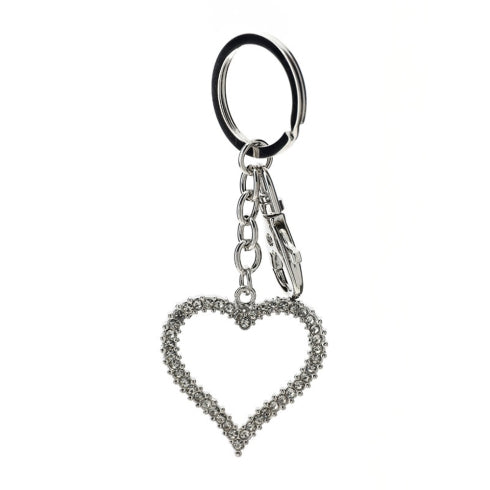 PORTACHIAVI MET.CUORE 4,5X11,5CM ARGENTO C/STRASS TRASPARENTI IN BUSTINA TRASPARENTE