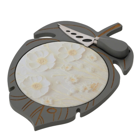 TAGLIERE FOGLIA LEGNO/CERAM.28X18CM TORTORA DEC.CANVAS BEIGE, 1COLTELLO FORM.S.REG.