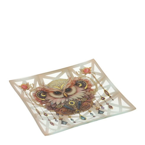 PIATTO VETRO CIVETTA ANIMALGEM 20X20CM ROSA C/DETTAGLI IN ORO LAMINA SCATOLA REGALO