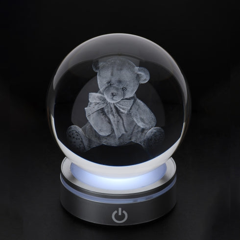 SFERA CRYSTAL PLANET ORSETTO DIA.8CM BASE LED ARGENTO C/CAVO USB E BATTERIA SCAT.REG.