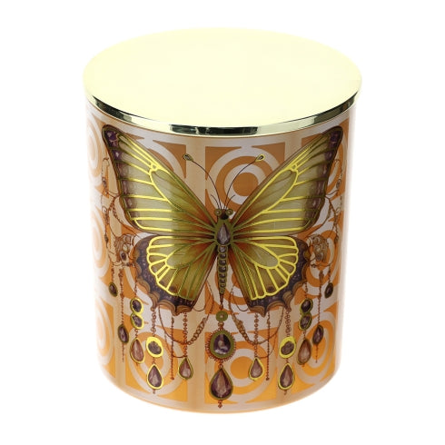 CANDELA FARFALLA ANIMALGEM DIA.9XH10CM 300G VETRO AMBRA C/COP.METALLO ORO CROMO S.REG.