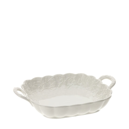 CIOTOLA QUADRATA PORC.ROMANCE 22X17CM
 C/MANICI BIANCA RILIEVO ROSELLINE SCATOLA REGALO