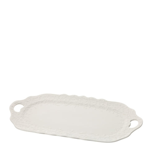 VASSOIO OVALE PORC.ROMANCE 43X25,5CM BIANCO RILIEVO ROSELLINE C/MANICI SCATOLA REGALO