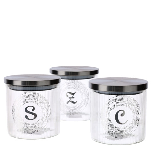 SET 3 BARATTOLI VETRO DIA.10XH11CM STAMPA SALE ZUCCHERO CAFFE' C/COP.ARG.SCAT.REG.