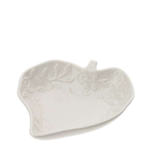 CIOTOLINA FOGLIA CUORE PORC.ROMANCE 10CM BIANCA RILIEVO ROSELLINE SCATOLA REGALO